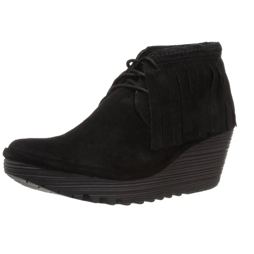 Fly London Yank Black Suede Fringe Wedge Ankle Boots Lace-Up Boho Booties